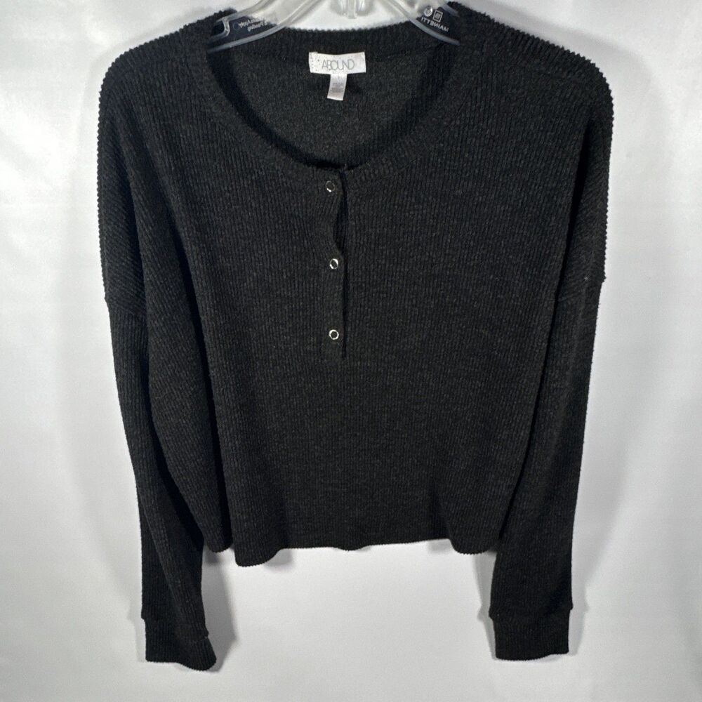 ABOUND Women's Black Rib-Knit Henley Button Raglan Pullover Sweater Size L